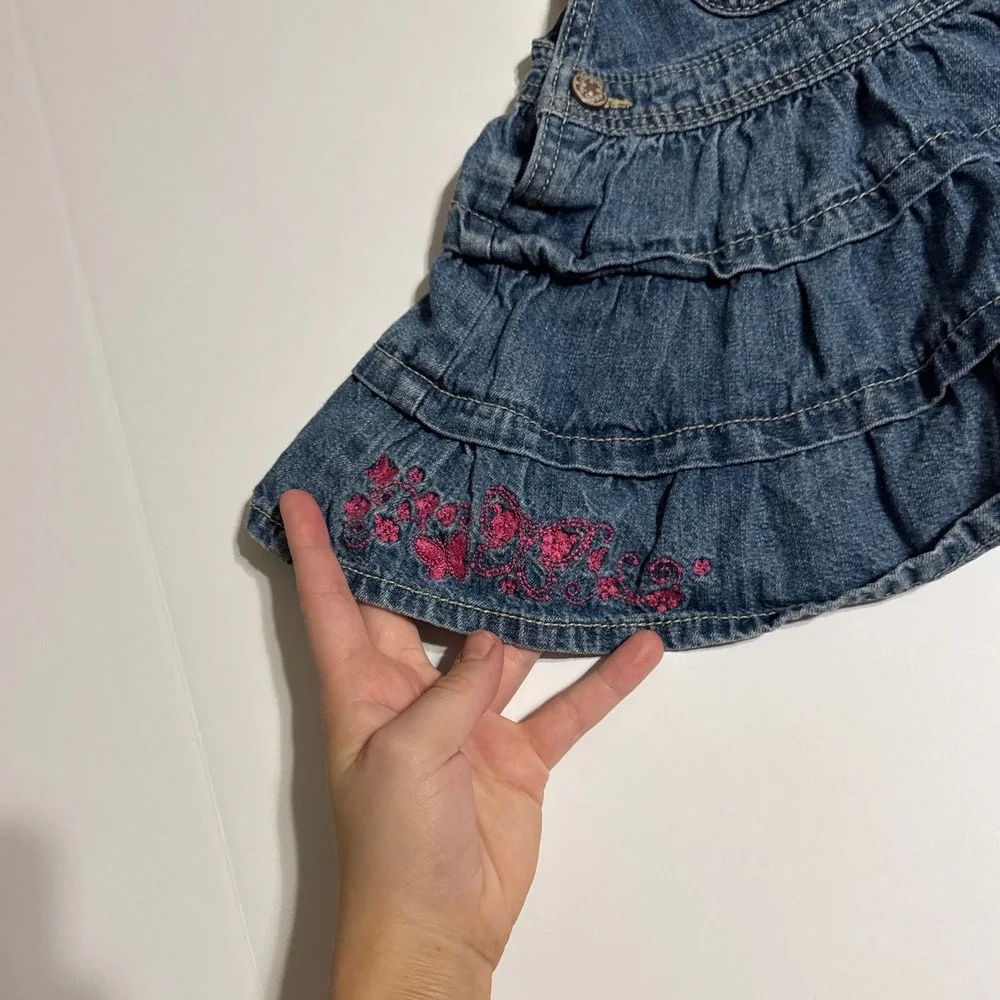 OshKosh Bgosh Baby Girls Blue Denim Tiered Ruffle Jumper Dress Floral 18 Months
